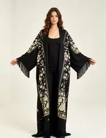 Autumn Winter African Women's Cashmere Open Front Feather Long Kimonos Bohemian European Lady Warm O