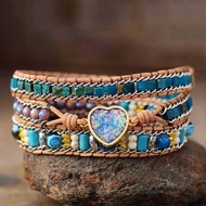 Leather Wrap Blets Bling Blue Heart Opal Jaspers 3 Strands Statement Blet Handmade Bohemian Jeweller