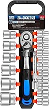 20 PCS 1/2" Drive Metric Socket Wrench Set,90-Tooth Reversible Ratchet Handle，6 Point Shallow Socket