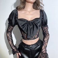KA5 personality perspective mesh stitching puff sleeve T-shirt dark department hot girl square neck 