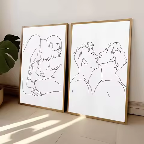 Abstract Line Minimalist Man Couple Hug Kiss Print Poster Gay Gift Wall Art Canvas Painting Print Pi