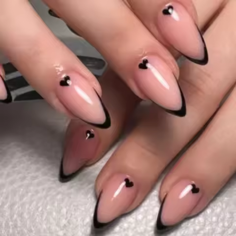 24pcs ,Black French Tip Press on Nails Valentine Fake Nails with Glossy Almond Nails False Nails Bla