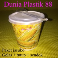 Contents: 50 SET JASUKE PACKAGE paper cup 6.5oz + LID + SPOON corn pop sweet corn popcorn paper cup 