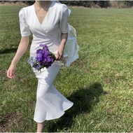 Preloved white drees woman plain cream white dress ROM engagement dinner dress white mermaid v neck 