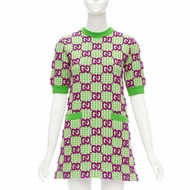GUCCI 2022 purple green  wool GG monogram jacquard crew sweater dress XXS