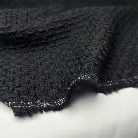 Black Textured Wool Blend Soft Luxury Chanel-Style Fabric for Autumn Winter Coats High-End Custom Ma