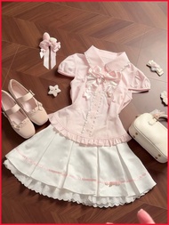 [Sweet Berry] Nana Style Sweet Striped Short-Sleeved Bow Slim-Fit Narrow-Waisted Top+Pleated Skirt S