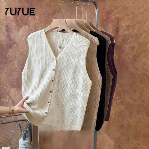 Yuyue's New Silk Knitted Vest V-neck Casual Versatile Mulberry Silk Sleeveless Cardigan Hollowed Des
