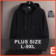 [L-9XL] Plus Size Zipper Hoodie Men Korean Plain Long Sleeve Drawstring Black Grey Cotton Hoodies wi