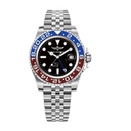 TIME WARRIOR Men's Swiss Quartz GMT Watch Stainless Steel, Sapphire Glass Red and Blue Ceramic Bezel