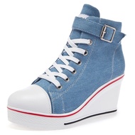 Women High Top Canvas Sneakers Wedges Shoes Women's Denim Ankle Lace Up Ladies Ankle Canvas Shoes Wo