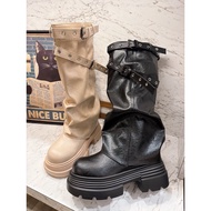 Y2K Belt Buckle Shape Pile Trousers Thick-Soled Boots