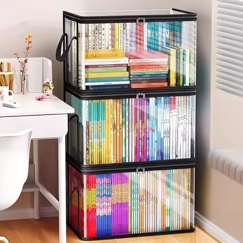 2pcs Large Dustproof Book Storage Organizer Box with Zipper, Transparent Foldable Magazine File Stor
