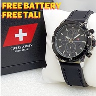 Jam Tangan Pria Swiss Army Original Strap Kulit Tanggal dan Chrono Aktif Free Tali dan Battery Cadan