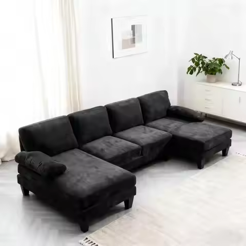 U-Shaped 4-Seat Sectional Sofa Fabric Wood Grain Legs Living Room Apartment Office Black, Customized