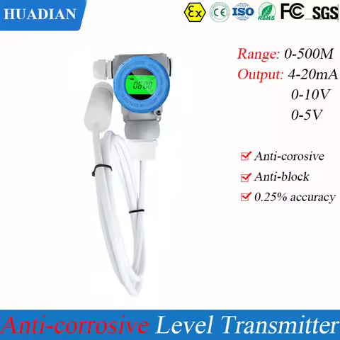 0-5m Acid Liquid Level Transmitter 0-10V 4-20mA RS485 Anti-corrosive LED LCD PTFE Level Meter
