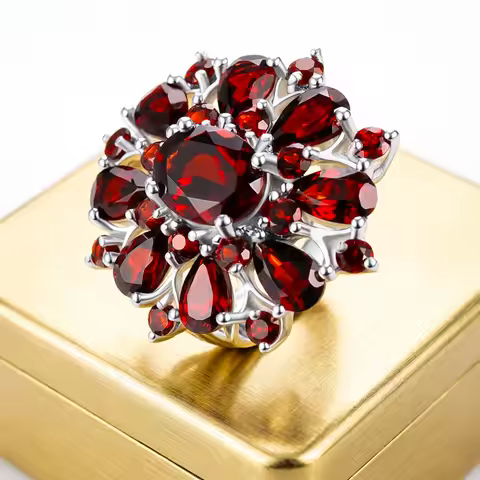 Women's Red Garnet Stone Flower Ring, Silverly Tone, Multi-Stone Cluster Elegant Statement Jewelry F