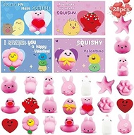 28 Packs Kawaii Mochi Squishy Toys with Valentines Day Gift Cards, Squishies Stress Relief Fidget for Kids Classroom Exchange Gifts School Prizes Valentine Party Favor