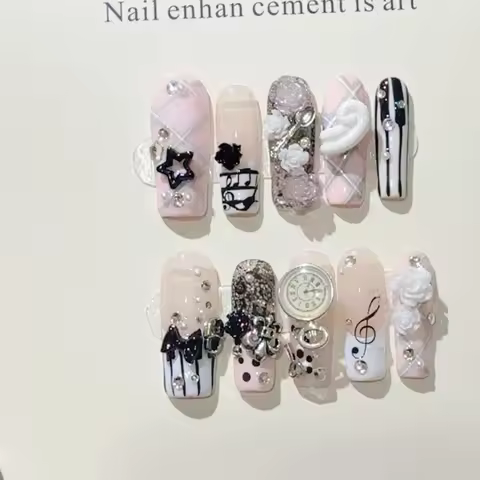 Musical Notes Retro Vintage Nail Art Y2K Gyaru French Handmade Press on Nails 3D Rose Bow Pearl Pink
