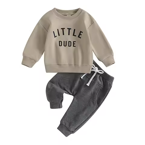Baby Toddler Boys Fall Winter Outfits Little Dude Letter Printed Long Sleeve Sweatshirts Pants 2Pcs 