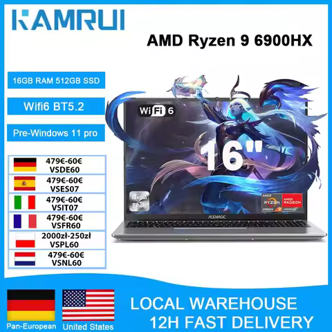 KAMRUI 16“ Gaming Laptop Ryzen9 6900HX 16GB 512GB PCIe3.0 SSD 8-Core Radeon 680M WiFi6 Windows11 Pro
