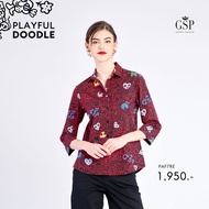 เสื้อผู้หญิง เสื้อเชิ๊ตแขนสี่ส่วน GSP Cotton Shirt เสื้อเชิ้ตพิมพ์ลาย Playful doodle ทรง comfort fit ( PAF7RE )