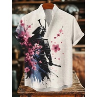 Men's short-sleeved shirt with samurai print and stylish ink painting design, summer casual men's to