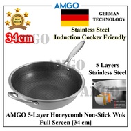 AMGO Stainless Steel 34cm Honey Comb Wok Frying Cooking Steamboat Hot Pot Kuali Honeycomb Wok Pan fo