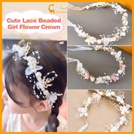 LAKOE Flower Crown Headband Kids Girl Lace Pengantin Crown Pearl Ribbon Crown Sweet Kids Flower Hair