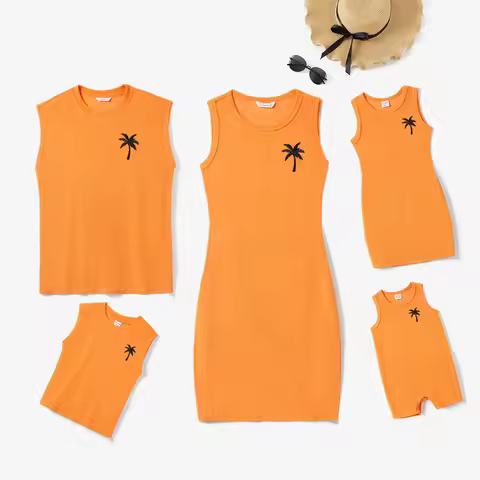 PatPat Family Matching Orange Terry Tank Top and Bodycon Tank Dress Sets Suitable for Summer Season 