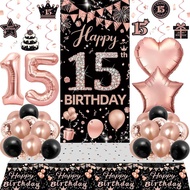15th Birthday Decorations for Girls, Rose Gold and Black Happy 15th Birthday Decorations Girl, 15th 