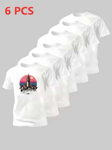 6PCS T Shirt for Men Casablanca‌ Print 2026 Summer Men's Clothing Oversized T-Shirt Round Neck Short