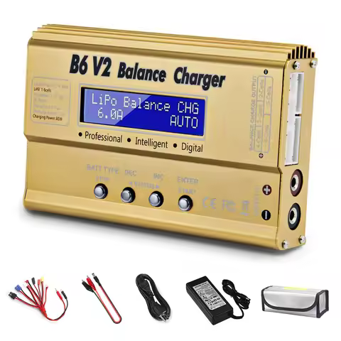 HTRC Balance Charger B6 V2 80W RC Discharge with Adapter+ 8 in 1 Cables + Battery Explosion Proof Ba