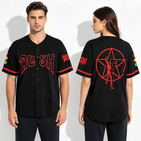 Rush Rock Band Printed Baseball Jersey Graphic Short Sleeve Button‑Up Shirts Hip Hop Streetwear Loos
