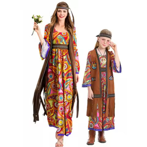 Halloween Women 70s Peace Love Hippie Costumes Adult Kids Girls Indian Tassels Hippie Costume Purim 