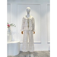 2025 New White Long Sleeve Lace Hollow Snail Shell Blouse Tops and Pants Set for Women
