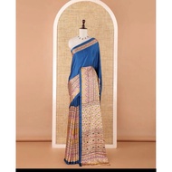 Blue Half-Plain & Half-Printed Gajji Silk Saree, Contrast Mustard Border & Pallu Of Ajrakh-Print Wit