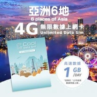 Cool Data Sim - 亞洲6地 4G Sim card 上網卡 - 每日高速數據 【1GB】 後降速至 128kbps【1天】