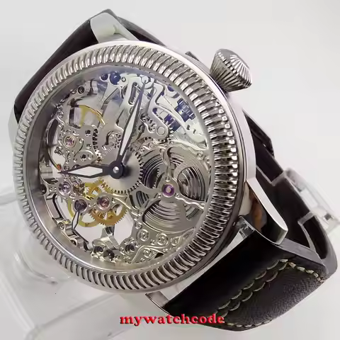 PARNIS Luxury 44mm Skeleton Hollow Dial Mechanical Hand Winding 6497 Movement Men's Wristwatch Relog
