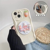 Suitable for IPhone 11 12 Pro Max X XR XS Max SE 7 Plus 8 Plus IPhone 13 Pro Max IPhone 14 15 Pro Max White Colour Phone Case with Rabbit Accessories Mirror Convinient Cute