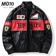 MOTO Ferrari Leather Jacket For Men F1 Riding Leather Jackets Black Embroidered Coat With Pockets Fe