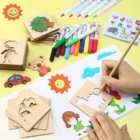 42/48/40pcs Wooden DIY Drawing Template Templates With Markes, Children's Drawing Template Drawing T