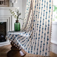 Blue Stripe Wave Printed Semi Sheer Curtains with Tassel Cotton Linen Geometric Window Curtain Home Decorative Rod Pocket [ Accept Custom ]