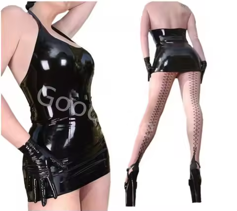 Natural Sleeveless Latex Neck Halter Rubber Gummi Catsuit Women Dress Mini Skirts No Gloves No Stock