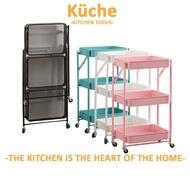 KUCHE Household Kitchen Metal Folding Trolley Rack 3 Tier Multifunction Trolley Rack with Wheel