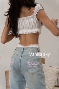 Vanilla sky: Lady ribbon jeans 🎀กางเกงยีนส์เอวสูงปักโบว์