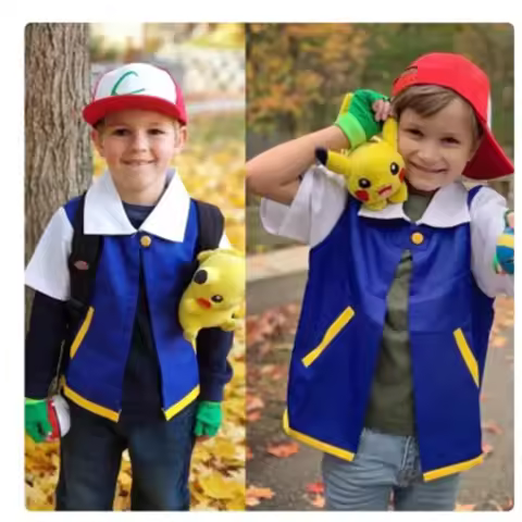 ※❉❥ pet Anime Elf Ball Blue Jacket Costume s s Ash Ketchum Cosplay for Halloween Party Trainer Cap a
