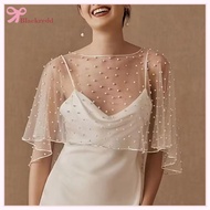 BRED Pearl Beaded Wedding Wrap Sheer Jewel Collar Soft Tulle Front Short Long Back Shawl Marriage Ac