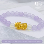 Merlin Goldsmith 999 24k Pure Gold(1.9cm) Three Fortune Ingot Pixiu Paired With 8mm Chalcedony & Moo