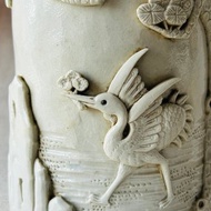 中國 清代王炳榮瓷雕松鶴圓筆筒│白釉雕刻 紋理光滑